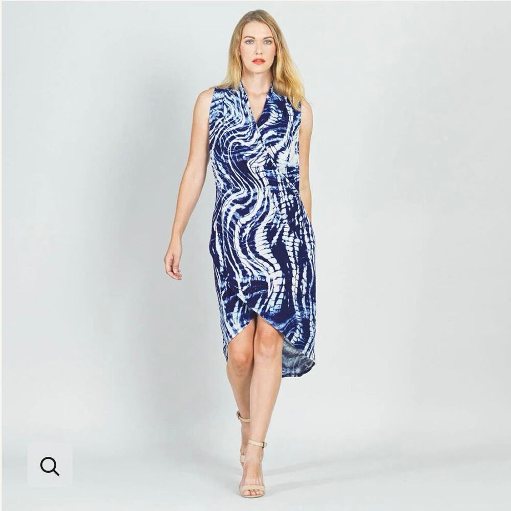 CLARA SUNWOO Crepe Knit Crossover Tulip Hem Dress Swirl Wave SMALL